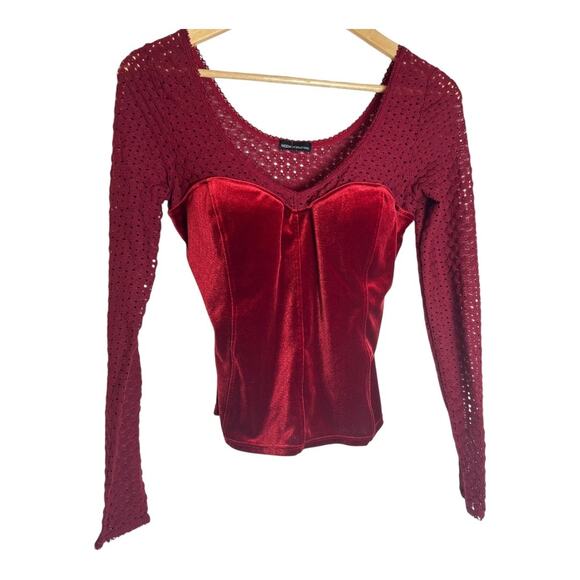 Womens Vintage Moda International Red Wine Velvet Lace Long Sleeve Top Small - Picture 4 of 5